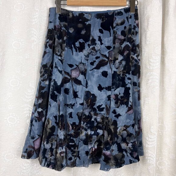Burnout velvet chiffon A-line skirt blue gold metallic dots Javier Simorra US8 - Picture 2 of 7